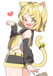 Rule 34 | &gt; o, 1girl, absurdres, animal ear fluff, animal ears, arm behind back, armpit crease, ass, bell, belt, black sailor collar, black shorts, black sleeves, blonde hair, blush, bright pupils, cat ears, cat tail, cowboy shot, detached sleeves, fang, flipped hair, from behind, hair intakes, hair ornament, hairclip, hand up, heart, highres, jingle bell, kagamine rin, looking at viewer, medium hair, midriff, neckerchief, one eye closed, open mouth, parted bangs, paw pose, raised eyebrow, sailor collar, shirt, short shorts, shorts, simple background, skin fang, sleeveless, sleeveless shirt, smile, solo, straight hair, tail, thick thighs, thighs, uruti 2388, vocaloid, white background, white pupils, white shirt, yellow belt, yellow eyes, yellow neckerchief