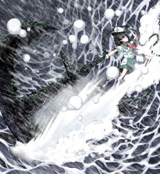 Rule 34 | 1girl, anchor, ascot, attack, black hair, chain, full body, gloves, hat, highres, holding, medium hair, murasa minamitsu, outdoors, outstretched arm, sailor, sailor hat, shirt, shorts, smile, solo, spell card, splashing, sunnysideup, touhou, water