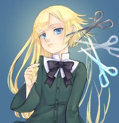 Rule 34 | 1girl, aged down, black bow, black bowtie, blonde hair, blue background, blue eyes, blunt bangs, bow, bowtie, buttons, closed mouth, commentary request, cutting hair, dress, fate (series), gradient background, green dress, hand up, highres, long hair, long sleeves, looking at viewer, lord el-melloi ii case files, reines el-melloi archisorte, satou usuzuku, scissors, short hair, solo, upper body