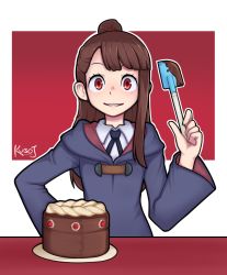Rule 34 | 1girl, artist name, blush, brown hair, cake, eyebrows, food, highres, icing, jacy, kagari atsuko, little witch academia, long hair, long sleeves, looking at viewer, outline, parted lips, red eyes, smile, solo, teeth, upper body, white outline
