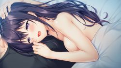 Rule 34 | 1girl, ayase hazuki, bed, bed sheet, blush, breasts, clothed male nude female, cuddling, eyebrows hidden by hair, game cg, highres, large breasts, long hair, looking at viewer, lying, nude, on bed, on side, open mouth, original, purple eyes, purple hair, sakurazaka yuzuki, smile, under covers, upper body, yubisaki connection