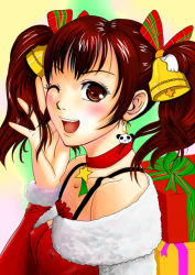 Rule 34 | 1girl, bell, blush, breasts, brown eyes, brown hair, choker, christmas, earrings, covered erect nipples, fur trim, hair bell, hair ornament, jewelry, ling xiaoyu, one eye closed, open mouth, panda, santa costume, short twintails, small breasts, solo, tekken, twintails, upper body, wink