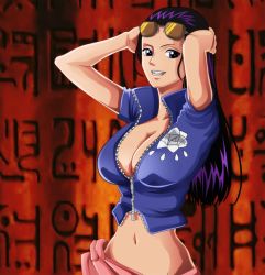 Rule 34 | 1girl, arms up, black hair, blue shirt, breasts, center opening, cleavage, crop top, eyewear on head, female focus, floral print, flower, glasses, hair slicked back, hands on own head, large breasts, long hair, looking at viewer, lowleg, midriff, navel, nico robin, no bra, one piece, open clothes, open mouth, open shirt, pink skirt, purple eyes, revealing clothes, sarong, shirt, short sleeves, skirt, smile, solo, sunglasses, teeth, unzipped, upper body, zipper