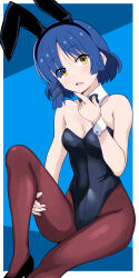 Rule 34 | 1girl, absurdres, animal ears, black bow, black bowtie, black footwear, black leotard, blue hair, bob cut, bocchi the rock!, bow, bowtie, breasts, brown pantyhose, collar, commentary, covered navel, detached collar, fake animal ears, finger to mouth, hair ornament, high heels, highres, knee up, leotard, light blush, looking at viewer, medium breasts, mole, mole under eye, open mouth, pantyhose, playboy bunny, ponzu rui, rabbit ears, short hair, sitting, solo, strapless, strapless leotard, white collar, wrist cuffs, yamada ryo, yellow eyes