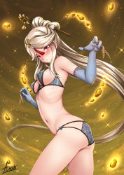 Rule 34 | 1girl, adsouto, alternate costume, ass, bikini, blush, breasts, claws, elbow gloves, from below, genshin impact, gloves, hair ornament, hairpin, highres, long hair, looking at viewer, ningguang (genshin impact), open mouth, parted lips, red eyes, shiny clothes, shiny skin, silver hair, solo, swimsuit, very long hair