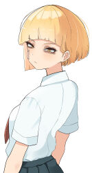 Rule 34 | 1girl, absurdres, alternate costume, alternate hairstyle, bags under eyes, bandaid, bandaid on face, blonde hair, boku no hero academia, closed mouth, collared shirt, from behind, green skirt, highres, looking at viewer, necktie, pleated skirt, red necktie, school uniform, shirt, shirt tucked in, short hair, simple background, skirt, slit pupils, solo, toga himiko, u.a. school uniform, white background, white shirt, yellow eyes, zd (pixiv6210083)