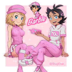 Rule 34 | 1girl, 2boys, :d, alternate color, arm support, ash ketchum, barbie (franchise), black hair, blonde hair, blue eyes, border, breasts, chibi, closed mouth, commentary, covered collarbone, creatures (company), crossed legs, earrings, game freak, gen 4 pokemon, goh (pokemon), invisible chair, jewelry, knees, medium breasts, multiple boys, nintendo, open mouth, pants, pink background, pink pants, pleated skirt, pokemon, pokemon (anime), pokemon journeys, pokemon swsh105, rotom, rotom phone, serena (pokemon), shirt, shoes, short sleeves, sitting, skirt, smile, socks, sparkle, sweater vest, teeth, thighhighs, tongue, upper teeth only, white border