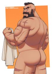 Rule 34 | 1boy, ass, back, bara, baramantik, completely nude, forked eyebrows, from behind, full beard, highres, looking at viewer, looking back, male focus, mature male, mohawk, muscular, muscular male, nude, old, old man, plump, scar on shoulder, short hair, sideburns, solo, standing, street fighter, street fighter 6, strongman waist, thick beard, thick mustache, thick thighs, thighs, two-tone background, veins, veiny thighs, wrinkled skin, zangief