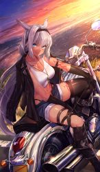 Rule 34 | 1girl, akasaai, animal ears, asymmetrical legwear, bikini, black gloves, black hairband, black jacket, black thighhighs, blue eyes, blue shorts, body markings, boots, breasts, caenis (fate), cleavage, commentary, craft essence (fate), dark-skinned female, dark skin, elbow gloves, fate/grand order, fate (series), gloves, hair intakes, hairband, head tilt, highleg, highleg bikini, jacket, jacket on shoulders, large breasts, leather, leather jacket, like a bird, long hair, looking at viewer, midriff, motor vehicle, motorcycle, ocean, official art, shirt, shorts, silver hair, single thighhigh, sitting, smile, solo, studded jacket, sunset, swimsuit, tank top, tattoo, thigh strap, thighhighs, uneven legwear, white shirt