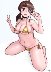 Rule 34 | 1girl, ahoge, bikini, blue eyes, blush, breasts, brown hair, character request, cleavage, collarbone, commentary request, copyright request, dot nose, full body, head tilt, highres, large breasts, looking at viewer, medium breasts, medium hair, navel, open mouth, ponytail, shigekikkusu, signature, sitting, skindentation, smile, solo, string bikini, swimsuit, tareme, thick thighs, thighs, v, wariza, white background, yellow bikini