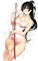 Rule 34 | 1girl, azur lane, bare arms, bare legs, bare shoulders, bed, bed sheet, black hair, blunt bangs, blush, breasts, brown eyes, cleavage, closed mouth, clothing cutout, commentary request, feet out of frame, hair ribbon, halterneck, hiiragi yuuichi, holding, holding sword, holding weapon, katana, large breasts, long hair, looking at viewer, lying, navel, navel cutout, on back, on bed, one-piece swimsuit, ponytail, ribbon, solo, sweat, swimsuit, sword, takao (azur lane), takao (beach rhapsody) (azur lane), weapon, white one-piece swimsuit