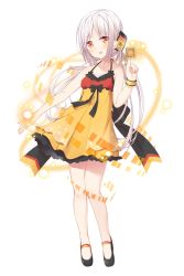 Rule 34 | 1girl, absurdres, bow, bracelet, dress, halterneck, highres, jewelry, kaden shoujo, long hair, memory card, official art, personification, product girl, simple background, sleeveless, sleeveless dress, smile, solo, white hair, yellow eyes