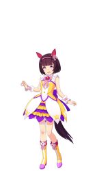 Rule 34 | 1girl, :d, animal ears, ankle boots, bad link, black hair, blunt bangs, bob cut, boots, dress, ear covers, ear ornament, full body, game model, hair ornament, hairband, highres, horse ears, horse girl, horse tail, lokigun, looking at viewer, nishino flower (umamusume), open mouth, pink hairband, purple eyes, short hair, sleeveless, sleeveless dress, smile, solo, standing, tachi-e, tail, transparent background, umamusume, x hair ornament, yellow footwear