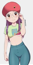 Rule 34 | 1girl, beret, blue pants, blush, bra, breasts, clothes lift, denim, digimon, female focus, glasses, green shirt, hat, inoue miyako, jeans, long hair, looking at viewer, navel, orange eyes, pabsmikan, pants, purple hair, red bra, red hat, shirt, shirt lift, short sleeves, small breasts, smile, solo, standing, underwear, white background