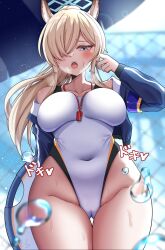 1girl absurdres animal_ears blonde_hair blue_archive blue_eyes blue_halo blue_jacket blush breasts cameltoe competition_swimsuit covered_navel cowboy_shot dog_ears extra_ears hair_over_one_eye halo highres jacket kanna_(blue_archive) kanna_(swimsuit)_(blue_archive) kumanosora large_breasts lifebuoy long_hair long_sleeves looking_at_viewer official_alternate_costume one-piece_swimsuit open_clothes open_jacket open_mouth ponytail solo swim_ring swimsuit whistle whistle_around_neck white_one-piece_swimsuit