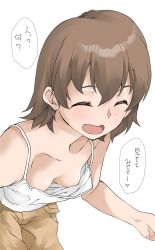Rule 34 | 1girl, blush, breasts, brown hair, check translation, cleavage, closed eyes, downblouse, elf (stroll in the woods), facing viewer, freckles, girls und panzer, highres, leaning forward, no bra, short hair, simple background, small breasts, solo, speech bubble, tank top, translated, translation request, tsuchiya (girls und panzer), white background