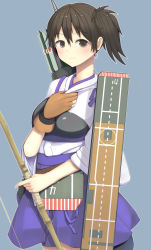 Rule 34 | 10s, 1girl, black hair, blue background, blue skirt, bow (weapon), brown eyes, cowboy shot, flight deck, gloves, hakama, hakama short skirt, hakama skirt, hand on own chest, highres, hoozuki (tkudonmax), japanese clothes, kaga (kancolle), kantai collection, muneate, partially fingerless gloves, partly fingerless gloves, pleated skirt, quiver, side ponytail, simple background, skirt, smile, solo, tasuki, weapon, yugake