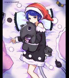 Rule 34 | 1girl, blue eyes, blue hair, blush, closed mouth, commentary request, doremy sweet, feet out of frame, hat, highres, howhow notei, long sleeves, nightcap, pillow, pom pom (clothes), red hat, short hair, solo, stuffed animal, stuffed toy, touhou