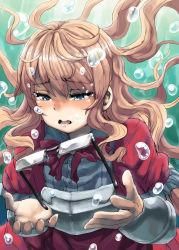 Rule 34 | 1girl, armor, bad id, bad pixiv id, belko, blonde hair, blue eyes, bubble, crying, crying with eyes open, floating hair, glasses, gradient background, kanpani girls, long hair, monique waroquier, sad, solo, tears, underwater