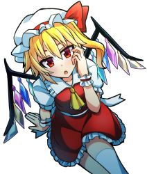Rule 34 | 1girl, :o, adjusting hair, ascot, blonde hair, blush, bow, crystal, flandre scarlet, frills, from above, hat, hat bow, highres, looking at viewer, mob cap, open mouth, red eyes, red skirt, simple background, single thighhigh, sitting, skirt, solo, tanakara, thighhighs, touhou, tsurime, white background, white thighhighs, wings, wrist cuffs
