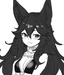 Rule 34 | 1girl, :3, animal ears, belt collar, bikini, breasts, breasts squeezed together, cerberus (houtengeki), chain, collar, crossed bangs, fang, fang out, greyscale, hair between eyes, hair flaps, houtengeki, long hair, looking at viewer, monochrome, original, simple background, skin fang, small breasts, smile, solo, swimsuit, upper body, white background