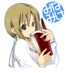 Rule 34 | 00s, 1girl, blonde hair, blush, book, brown eyes, covering own mouth, glasses, holding, holding book, keiko (minami-ke), long sleeves, looking at viewer, minami-ke, open book, rimless eyewear, shiino yui, simple background, solo, surprised, text focus, upper body, white background