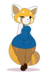 Rule 34 | 10s, 1girl, aggressive retsuko, animal ears, breasts, eric lowery, formal, furry, furry female, highres, no humans, pantyhose, red panda, retsuko, skirt, skirt suit, smile, solo, standing, suit, tail, thick thighs, thighs, wide hips