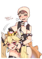 Rule 34 | 1boy, 1girl, absurdres, armlet, black leotard, black nails, black thighhighs, blonde hair, blush, bodysuit, bodysuit under clothes, bowsette, bracelet, breasts, cleavage, cosplay, crown, dated, detached collar, exhausted, facing viewer, highres, jewelry, kigurumi, leotard, light brown hair, mario (series), nail polish, new super mario bros. u deluxe, nintendo, signature, simple background, sweat, thighhighs, trevor25527766, white background