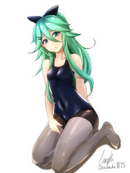 Rule 34 | :o, black pantyhose, blue neckwear, blue one-piece swimsuit, blue ribbon, breasts, brown pantyhose, collarbone, competition school swimsuit, competition swimsuit, eureka (eureka-0075), green eyes, green hair, hair between eyes, hair ornament, hair ribbon, hairclip, kantai collection, long hair, looking at viewer, no shoes, one-piece swimsuit, pantyhose, pantyhose under swimsuit, ponytail, ribbon, school swimsuit, shiny clothes, sitting, small breasts, solo, swimsuit, thighband pantyhose, thighs, yamakaze (kancolle)