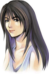 Rule 34 | 1990s (style), 1girl, bare arms, black eyes, black hair, breasts, brown hair, cleavage, closed mouth, collarbone, facing viewer, final fantasy, final fantasy viii, hair between eyes, long hair, looking at viewer, multicolored hair, nomura tetsuya, official art, retro artstyle, rinoa heartilly, shirt, simple background, sleeveless, sleeveless shirt, solo, two-tone hair, upper body, white background