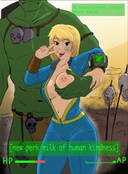 Rule 34 | 1boy, 1girl, black eyes, blonde hair, blue jumpsuit, grabbing another&#039;s breast, breasts, cleavage, collarbone, colored skin, fallout, fallout (series), fallout 4, grabbing, green skin, highres, jumpsuit, large breasts, manly, muscular, pip boy, sexually suggestive, short hair, snowbox, solo focus, super mutant, tongue, tongue out, unzipped, vault girl, vault suit, veins, video game