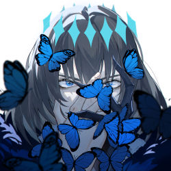 Rule 34 | 1boy, absurdres, black hair, blue butterfly, blue eyes, bug, butterfly, chinese commentary, claws, collared shirt, commentary request, crown, diamond hairband, fate/grand order, fate (series), hand on own face, highres, insect, long sleeves, looking at viewer, male focus, medium hair, oberon (fate), oberon (third ascension) (fate), official alternate costume, official alternate hair color, shirt, simple background, solo, spoilers, upper body, white background, white shirt, yiqing (yohare)