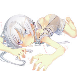 Rule 34 | 1girl, ass, butt crack, dress, flat chest, freckles, highres, looking at viewer, lying, nipple slip, nipples, on stomach, original, sakuya tsuitachi, grey eyes, silver hair, solo, suggestive fluid, trembling, wet, wet clothes