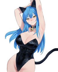Rule 34 | 1girl, absurdres, animal ears, arms up, bare shoulders, bell, black collar, black leotard, blue hair, breasts, cat ears, cat tail, cleavage, collar, cowboy shot, dongho kang, groin, highres, kittysuit, large breasts, leotard, long hair, looking at viewer, neck bell, nontraditional playboy bunny, orange eyes, original, shiny clothes, smile, solo, strapless, strapless leotard, tail