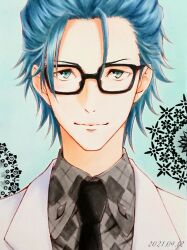 Rule 34 | 1boy, 2021, aqua eyes, black necktie, blue hair, closed mouth, collared shirt, dated, formal, glasses, grey shirt, grey suit, haiba takuma, highres, light blue hair, looking at viewer, male focus, necktie, shirt, short hair, smile, solo, straight-on, suit, youvoice, yumeiro cast