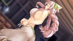 Rule 34 | 1girl, accident, accidental pervert, atelier-moo, bare shoulders, blush, bra, braid, breasts, closed eyes, closed mouth, curtained hair, dressing, embarrassed, from side, full body, highres, large breasts, long hair, narrow waist, nina lazydaisy, peeking, pink hair, solo, standing, twin braids, underwear, very long hair, wizards symphony