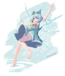 Rule 34 | 1girl, artist name, ashleyloob, barefoot, bloomers, blue eyes, blue hair, cirno, hair ribbon, highres, ice, ice wings, long hair, md5 mismatch, open mouth, outstretched arm, pointing, pointing up, puffy sleeves, ribbon, simple background, solo, touhou, underwear, upskirt, wings