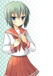Rule 34 | 00s, 1girl, blue eyes, expressionless, green hair, iwasaki minami, long sleeves, looking at viewer, lucky star, neckerchief, pink neckerchief, pleated skirt, red skirt, sailor collar, school uniform, serafuku, shirt, simple background, skirt, solo, white background, white shirt, yuuji overall