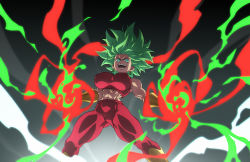 Rule 34 | 1girl, abs, breasts, covered erect nipples, crop top, dragon ball, dragon ball super, earrings, fusion, green eyes, green hair, highres, huge breasts, jewelry, kefla (dragon ball), muscular, muscular female, navel, open mouth, potara earrings, red shirt, shirt, sleeveless, sleeveless shirt, spiked hair, stomach, super saiyan, thick thighs, thighs