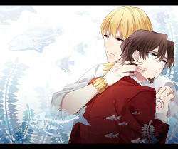 Rule 34 | 2boys, blonde hair, blue eyes, bracelet, brown hair, command spell, facial hair, fate/zero, fate (series), fish, formal, gilgamesh (fate), goatee, highres, honda yuita, hug, jewelry, letterboxed, male focus, multiple boys, necklace, official alternate costume, red eyes, suit, tohsaka tokiomi