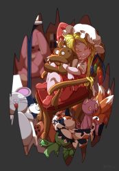 Rule 34 | 1girl, aged down, blonde hair, blurry, blurry background, closed eyes, closed mouth, commentary request, fang, fang out, flandre scarlet, full body, grey background, hat, highres, holding, holding stuffed toy, hugging object, long hair, mob cap, multicolored wings, on chair, puffy short sleeves, puffy sleeves, rainbow order, rainbow wings, red footwear, red skirt, red vest, shirt, shishi wan, short sleeves, sitting, skirt, skirt set, solo, stuffed animal, stuffed toy, teddy bear, touhou, vest, white hat, white shirt, wings
