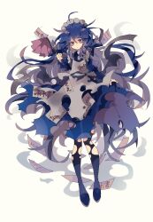 Rule 34 | 1girl, :|, bags under eyes, blue eyes, blue hair, closed mouth, debt, duster, full body, highres, holding, holding duster, long hair, maid, maid headdress, messy hair, nikorashi-ka, pantyhose, simple background, solo, torn clothes, torn pantyhose, touhou, white background, yorigami shion