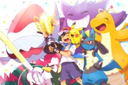 Rule 34 | 1boy, :d, ash ketchum, black hair, blue jacket, chitozen (pri zen), closed eyes, commentary request, confetti, creatures (company), dracovish, dragonite, game freak, gen 1 pokemon, gen 4 pokemon, gen 8 pokemon, gengar, grin, hat, holding, jacket, knees, lucario, male focus, nintendo, on shoulder, open mouth, pikachu, pokemon, pokemon (anime), pokemon (creature), pokemon journeys, pokemon on shoulder, pokemon swsh132, red headwear, shirt, short hair, short sleeves, shorts, sirfetch&#039;d, sleeveless, sleeveless jacket, smile, spoilers, t-shirt, teeth, tongue, trophy, upper teeth only, watermark, white shirt