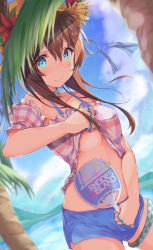 Rule 34 | 1girl, amiya (arknights), aqua eyes, arknights, bare shoulders, blue shorts, blurry, blurry background, breasts, brown hair, choker, closed mouth, clothes lift, cowboy shot, day, depth of field, flower, hand fan, hat, hat flower, highres, holding, kurai masaru, long hair, looking at viewer, medium breasts, midriff, off shoulder, outdoors, palm leaf, pink shirt, plaid, plaid shirt, shirt, shirt lift, short shorts, shorts, solo, straw hat, sweat, sweatdrop, thigh strap