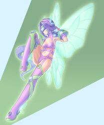 Rule 34 | 1girl, absurdres, arm up, armpits, belt, bikini, boots, breasts, butterfly hair ornament, butterfly wings, cleavage, closed mouth, collarbone, commentary request, covered eyes, curvy, digimon, digimon (creature), elbow gloves, facial mark, fairimon, fairy, fairy wings, floating, full body, garter straps, gloves, green background, grey gloves, hair ornament, hairband, head-mounted display, highres, insect wings, knee up, kuon (melvina214), long hair, medium breasts, midriff, navel, parted bangs, partial commentary, purple belt, purple bikini, purple footwear, purple hair, purple hairband, revealing clothes, shoulder pads, skindentation, smile, solo, swimsuit, thigh boots, thong, very long hair, wide hips, wings
