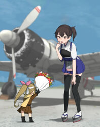 Rule 34 | 2girls, aircraft, aircraft request, airplane, annin musou, black hair, black thighhighs, blue hakama, blue sky, blurry, bouquet, brown eyes, cloud, day, depth of field, fairy (kancolle), flower, full body, geta, hakama, hakama short skirt, hakama skirt, highres, japanese clothes, kaga (kancolle), kantai collection, long hair, multiple girls, muneate, okobo, outdoors, sandals, side ponytail, skirt, sky, tasuki, thighhighs