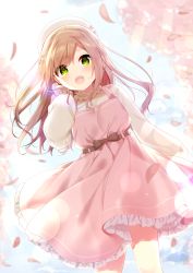 Rule 34 | 1girl, :d, bad id, bad pixiv id, beret, blue sky, blurry, blurry background, blush, cloud, commentary request, depth of field, dress, green eyes, hair ornament, hairclip, hat, highres, light brown hair, long hair, long sleeves, mafuyu (chibi21), official art, open mouth, original, outdoors, petals, pink dress, puffy long sleeves, puffy sleeves, shirt, sky, sleeveless, sleeveless dress, smile, solo, sunlight, teeth, upper teeth only, very long hair, white hat, white shirt