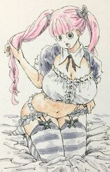 Rule 34 | 1girl, bed, black eyes, breasts, full body, gamenamepuipui, garter straps, hand in own hair, highres, kneeling, large breasts, long hair, looking at viewer, navel, on bed, one piece, open mouth, perona, pink hair, simple background, thighhighs, very long hair, wide hips