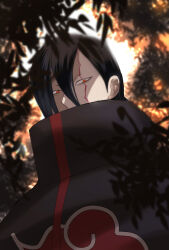 Rule 34 | 1boy, akatsuki uniform, black clover, black hair, cracked skin, crossover, forest, from below, hair between eyes, high collar, highres, jack the ripper (black clover), looking at viewer, male focus, naruto (series), nature, red eyes, short hair, sideburns, tree, udonmoudon, upper body