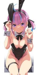 Rule 34 | 1girl, absurdres, ahoge, black leotard, blush, bow, bowtie, breasts, cleavage, detached collar, highres, hololive, leotard, looking at viewer, medium breasts, minato aqua, playboy bunny, purple eyes, purple hair, shinomu (cinomoon), simple background, sitting, smile, solo, virtual youtuber, white background, wrist cuffs